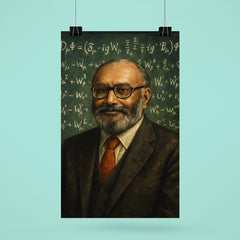 Abdus Salam beneath chalkboard electroweak equations poster 6