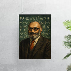 Abdus Salam beneath chalkboard electroweak equations poster 7