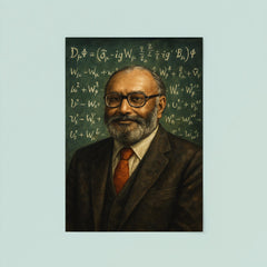 Abdus Salam beneath chalkboard electroweak equations poster 8