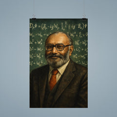 Abdus Salam beneath chalkboard electroweak equations poster 9