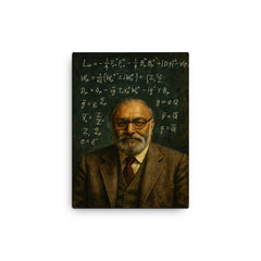 Abdus Salam beneath chalked electroweak equations canvas print on a plain backdrop in size 12"x16".