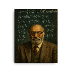 Abdus Salam beneath chalked electroweak equations canvas print on a plain backdrop in size 16"x20".