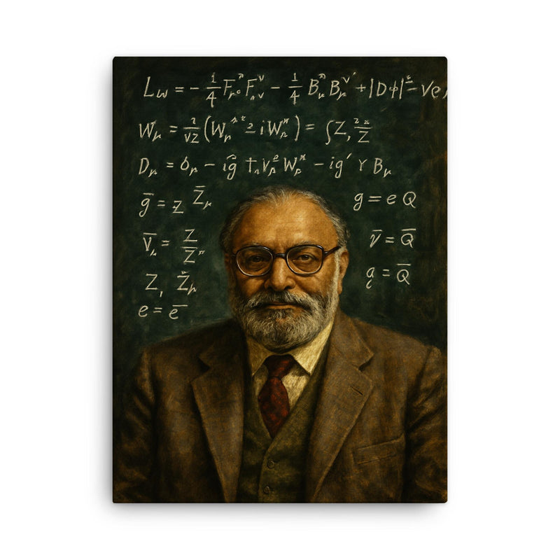 Abdus Salam beneath chalked electroweak equations canvas print on a plain backdrop in size 18