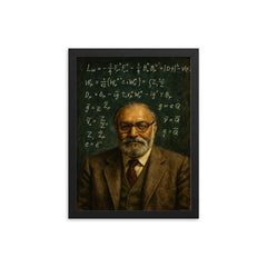 Abdus Salam beneath chalked electroweak equations framed print on a plain backdrop in size 12"x16".