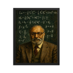 Abdus Salam beneath chalked electroweak equations framed print on a plain backdrop in size 16"x20".