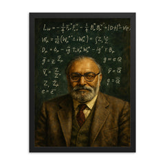Abdus Salam beneath chalked electroweak equations framed print on a plain backdrop in size 18"x24".