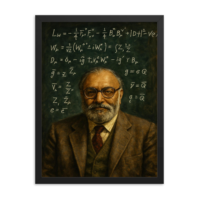 Abdus Salam beneath chalked electroweak equations framed print on a plain backdrop in size 18