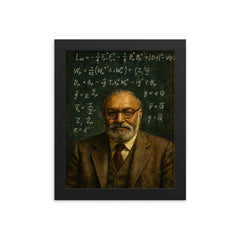 Abdus Salam beneath chalked electroweak equations framed print on a plain backdrop in size 8"x10".