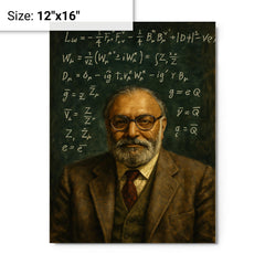 Abdus Salam beneath chalked electroweak equations metal print on a plain backdrop in size 12"x16".