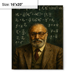 Abdus Salam beneath chalked electroweak equations metal print on a plain backdrop in size 16"x20".