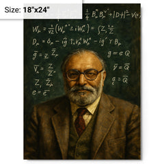 Abdus Salam beneath chalked electroweak equations metal print on a plain backdrop in size 18"x24".