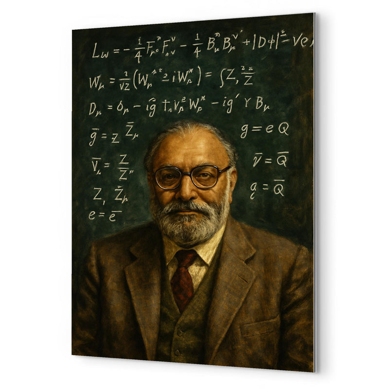 Abdus Salam beneath chalked electroweak equations metal print mockup