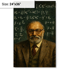 Abdus Salam beneath chalked electroweak equations metal print on a plain backdrop in size 24"x36".
