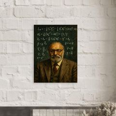 Abdus Salam beneath chalked electroweak equations metal print mockup