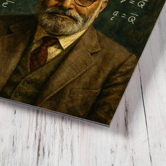 Abdus Salam beneath chalked electroweak equations metal print mockup