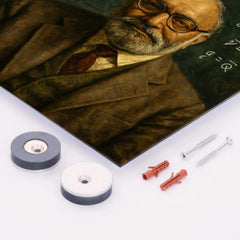 Abdus Salam beneath chalked electroweak equations metal print mockup