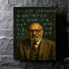 Abdus Salam beneath chalked electroweak equations metal print mockup