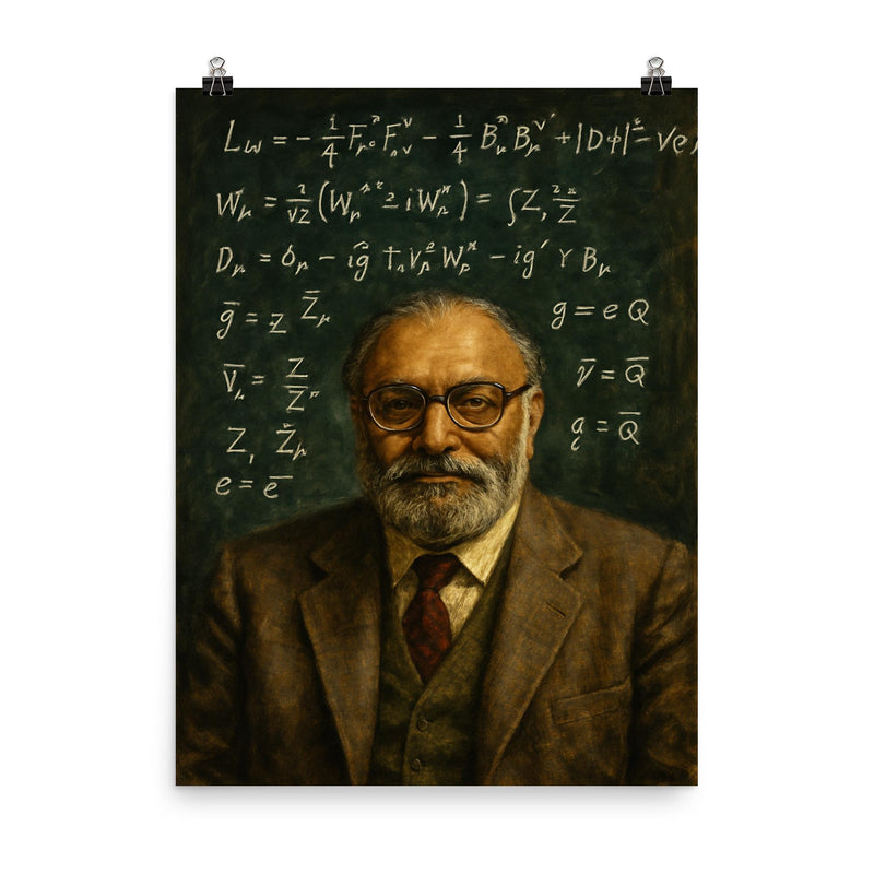 Abdus Salam beneath chalked electroweak equations poster on a plain backdrop in size 8