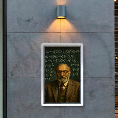 Abdus Salam beneath chalked electroweak equations poster 2