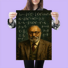 Abdus Salam beneath chalked electroweak equations poster 3