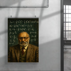 Abdus Salam beneath chalked electroweak equations poster 4