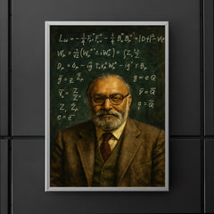 Abdus Salam beneath chalked electroweak equations poster 5