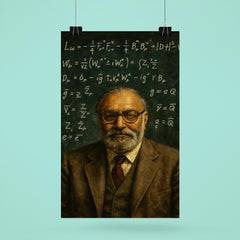 Abdus Salam beneath chalked electroweak equations poster 6