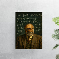 Abdus Salam beneath chalked electroweak equations poster 7