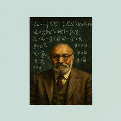 Abdus Salam beneath chalked electroweak equations poster 8