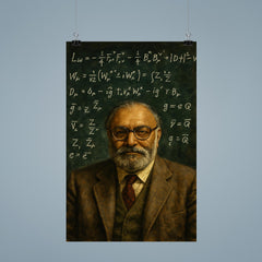 Abdus Salam beneath chalked electroweak equations poster 9