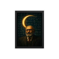 Abdus Salam beneath equations and crescent light framed print on a plain backdrop in size 12"x16".