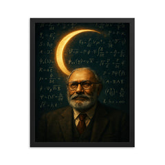 Abdus Salam beneath equations and crescent light framed print on a plain backdrop in size 16"x20".