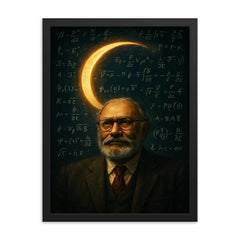 Abdus Salam beneath equations and crescent light framed print on a plain backdrop in size 18"x24".