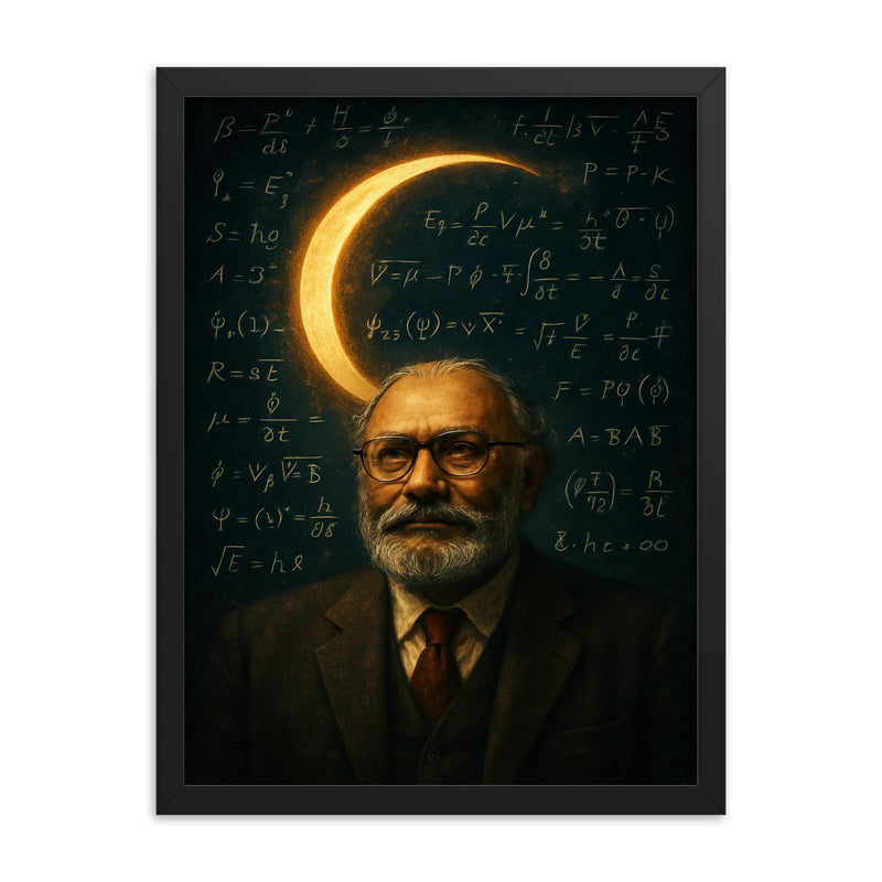 Abdus Salam beneath equations and crescent light framed print on a plain backdrop in size 18