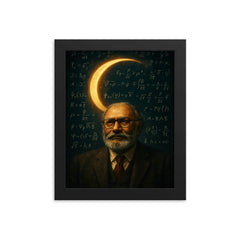Abdus Salam beneath equations and crescent light framed print on a plain backdrop in size 8"x10".