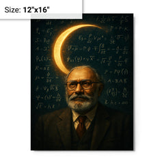 Abdus Salam beneath equations and crescent light metal print on a plain backdrop in size 12"x16".