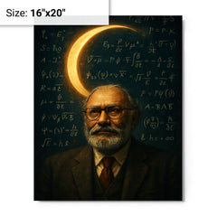 Abdus Salam beneath equations and crescent light metal print on a plain backdrop in size 16"x20".
