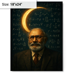 Abdus Salam beneath equations and crescent light metal print on a plain backdrop in size 18"x24".