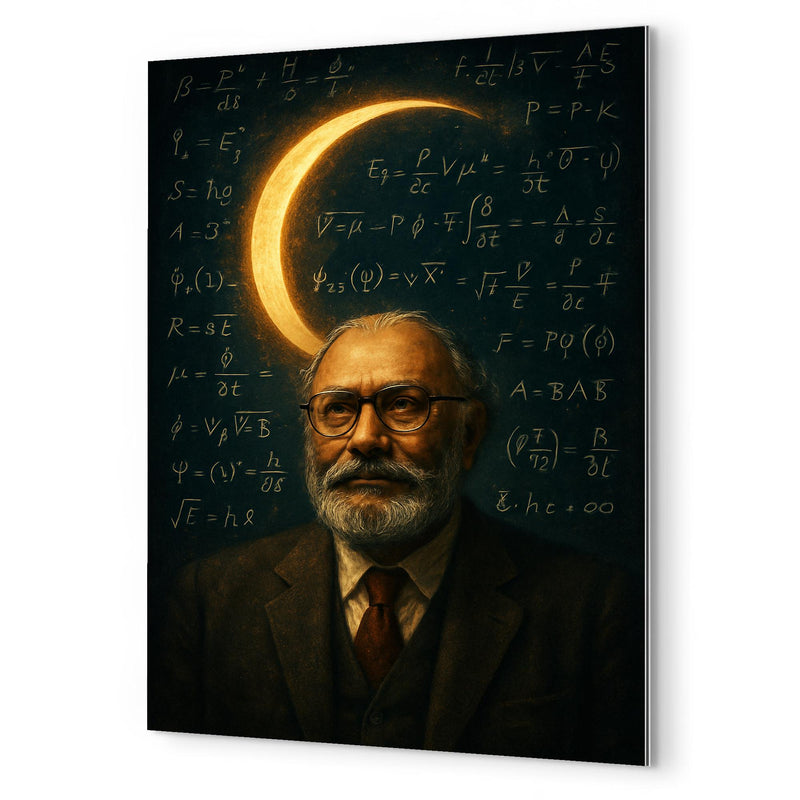 Abdus Salam beneath equations and crescent light metal print mockup