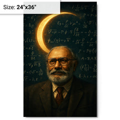 Abdus Salam beneath equations and crescent light metal print on a plain backdrop in size 24"x36".