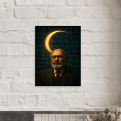 Abdus Salam beneath equations and crescent light metal print mockup