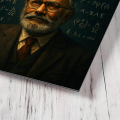 Abdus Salam beneath equations and crescent light metal print mockup