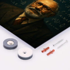 Abdus Salam beneath equations and crescent light metal print mockup
