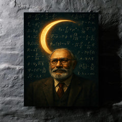 Abdus Salam beneath equations and crescent light metal print mockup