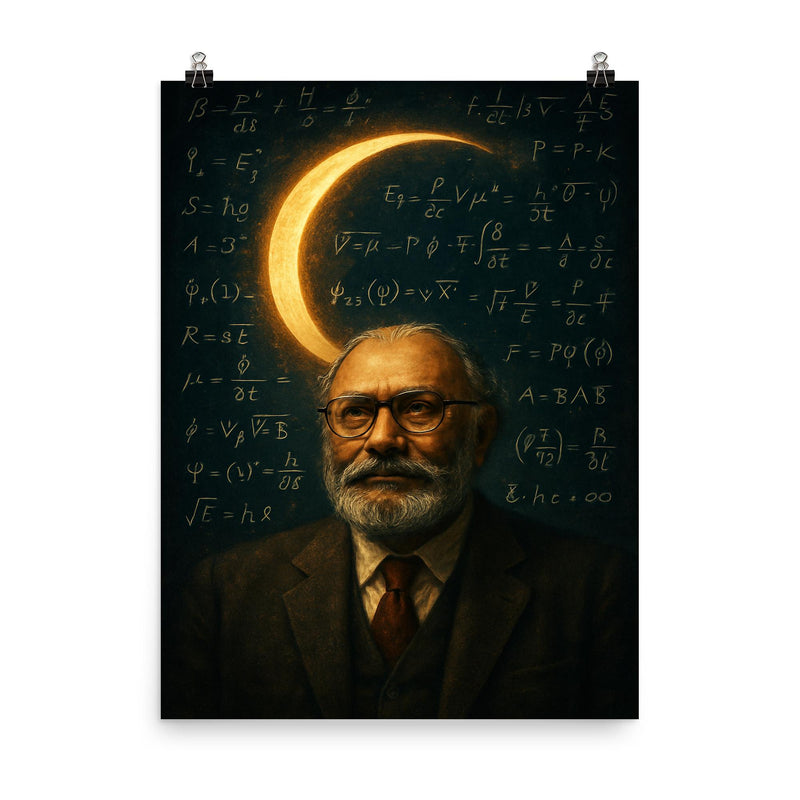 Abdus Salam beneath equations and crescent light poster on a plain backdrop in size 8