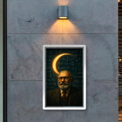 Abdus Salam beneath equations and crescent light poster 2