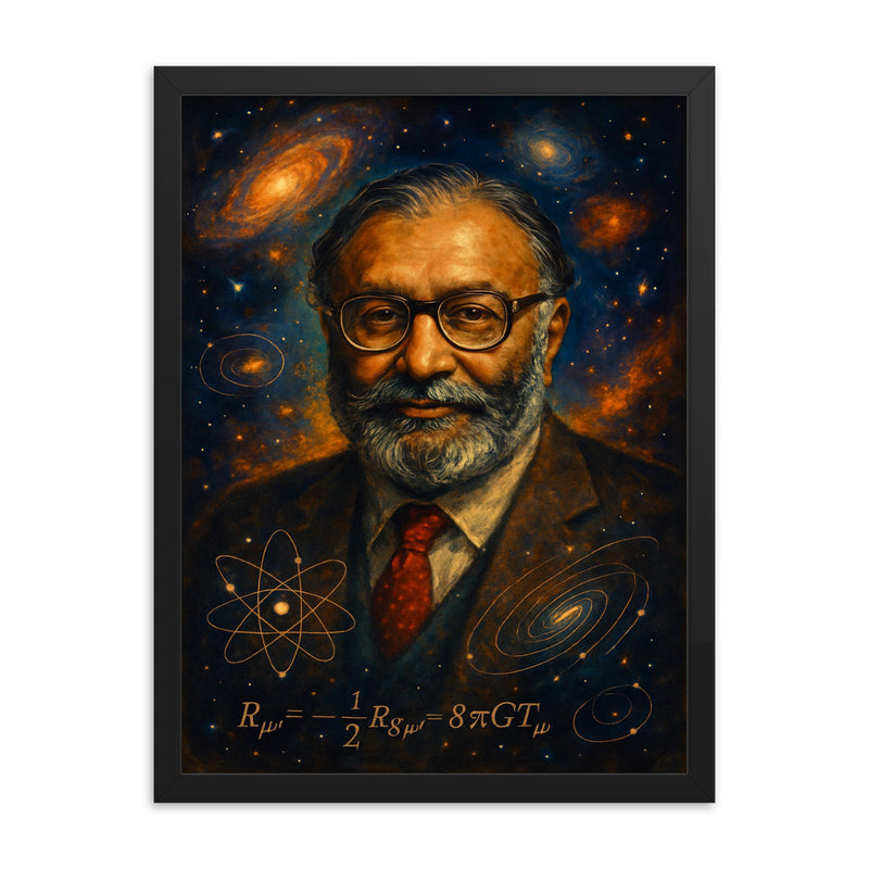 Abdus Salam cosmic physics portrait framed print on a plain backdrop in size 18