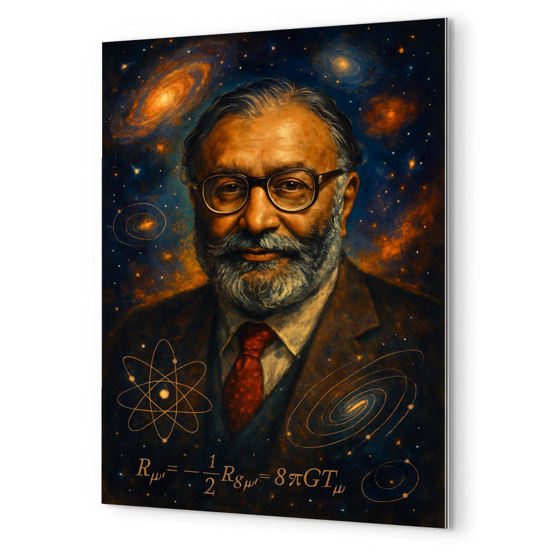 Abdus Salam cosmic physics portrait metal print mockup