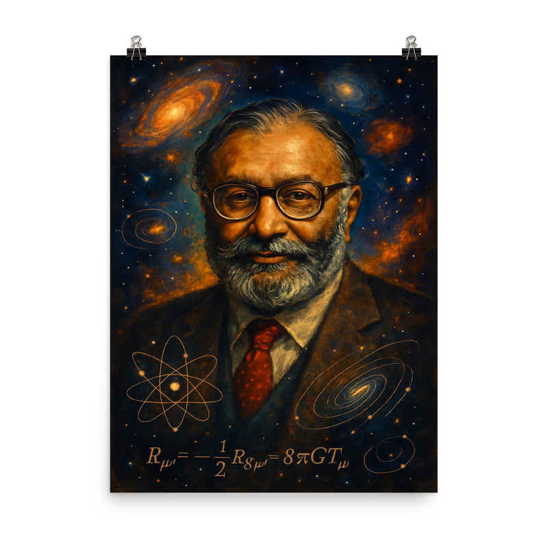 Abdus Salam cosmic physics portrait poster on a plain backdrop in size 8