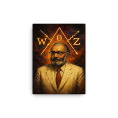 Abdus Salam in white suit with electroweak symbolism canvas print on a plain backdrop in size 12"x16".